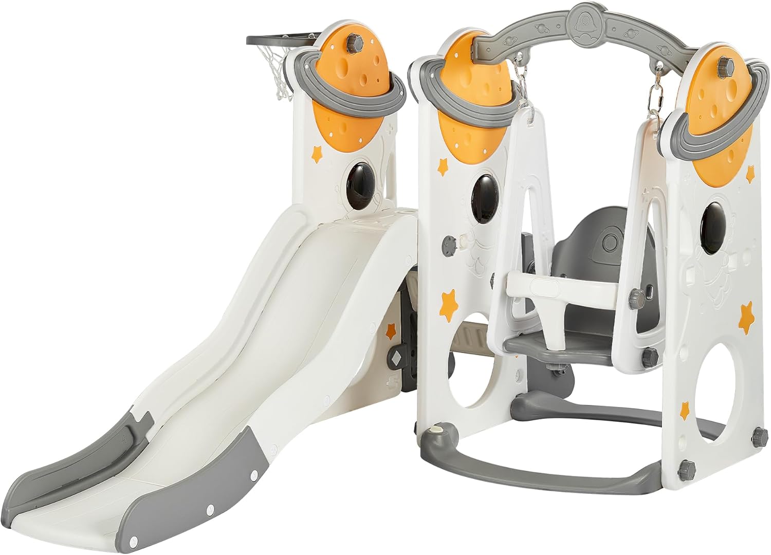 DUKE BABY 4-in-1 Slide and Swing Set: Perfect for 1-6-year-old Toddlers for Indoor/Outdoor Playground with Basketball Hoop, Climber-Space Yellow.