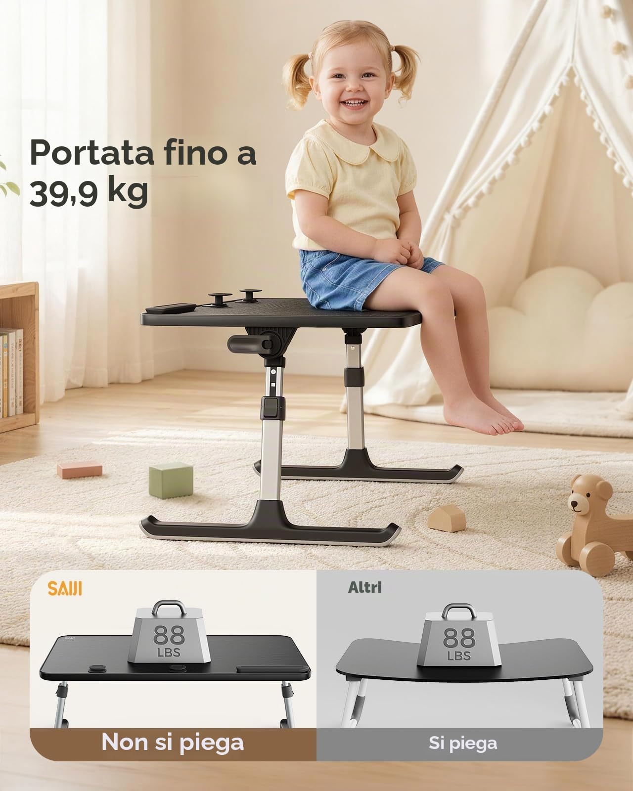 Tavolo, SAIJI Tavolino da letto, Supporto pc Portatile regolabile a 5 altezze, lapdesk pieghevole, per divano divano pavimento lavoro studio lettura scrittura mangiare (52 * 30cm nero)