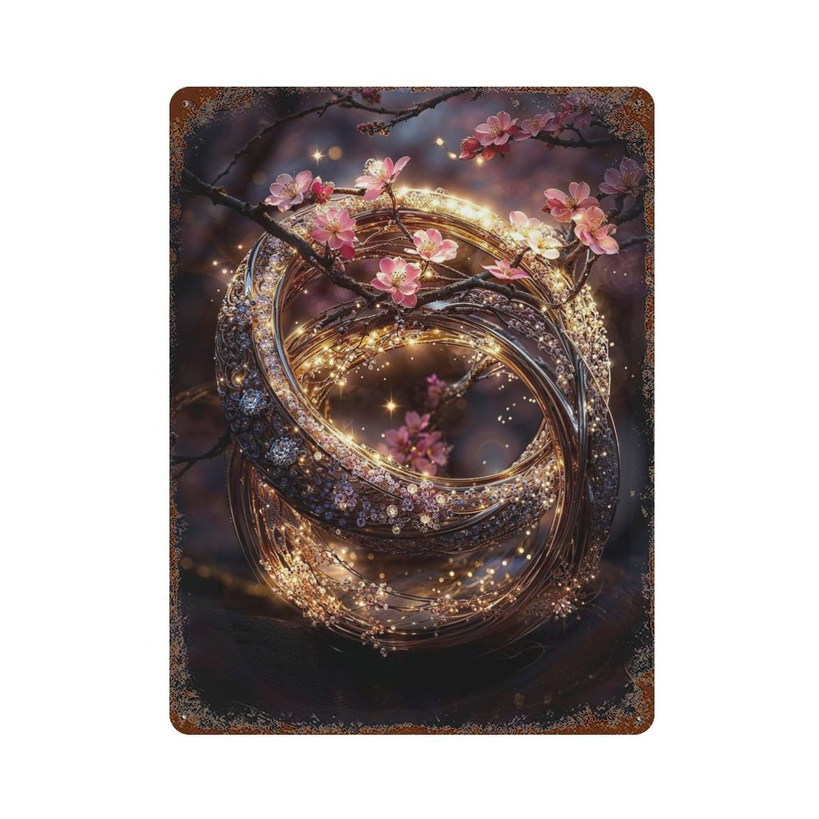 Garage Style Golden Rings with Blossoms Distressed Metal Wall Sign 15.7"x11.8", Shabby Chic Decor for Bar And Workshop