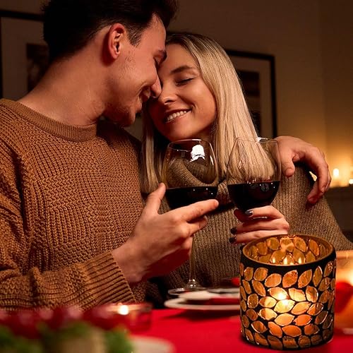 Miniatura 5 de Shop LC - Juego de 3 portavelas votivas para centro de mesa, mosaico, hojas, patrón gris, champán, candelita de cristal, fiesta, comedor, decoración