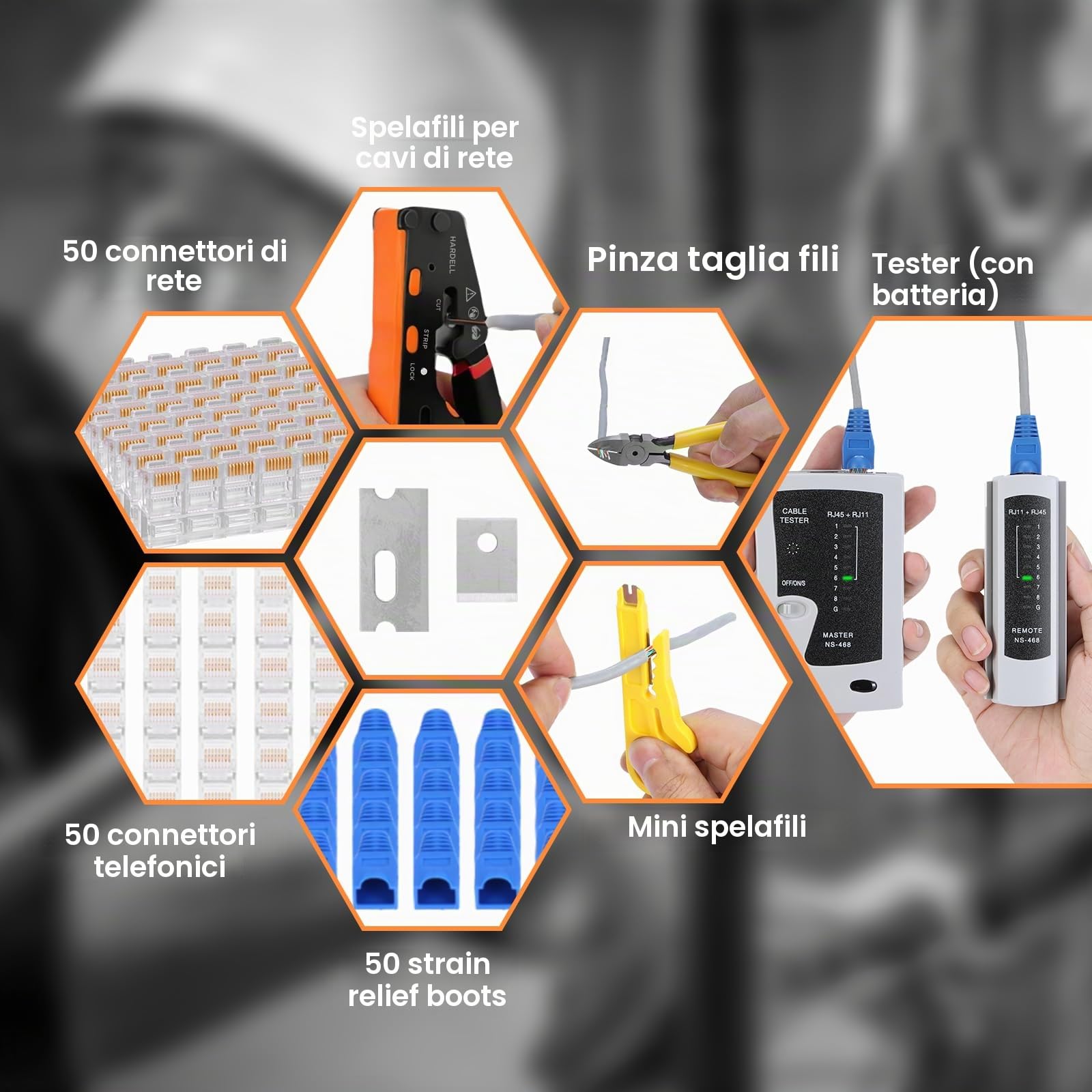 HARDELL Pinza Crimpatrice RJ45, Crimpatore Ethernet Passante per Connettori RJ11/RJ45 Cat5/Cat6, Kit Completo con Schema di Cablaggio, Lame di Ricambio, Guaine, Tester e Batteria