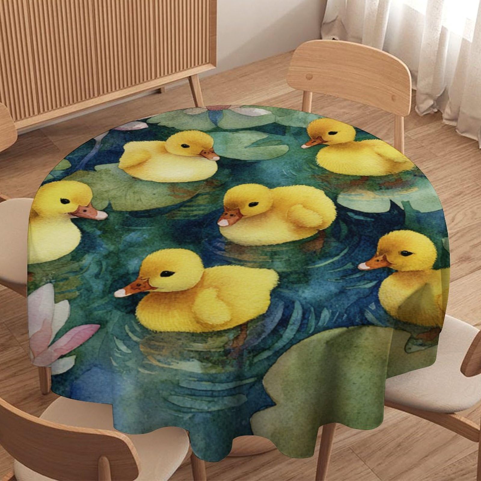 LUYYSKY Vintage Rustic Ducklings Round Tablecloth Retro Watercolor Spring Lotus Flowers Animals Ducks Pattern Washable Decor for Table Cover for Kitchen-177.8" Wx177.8 L cm