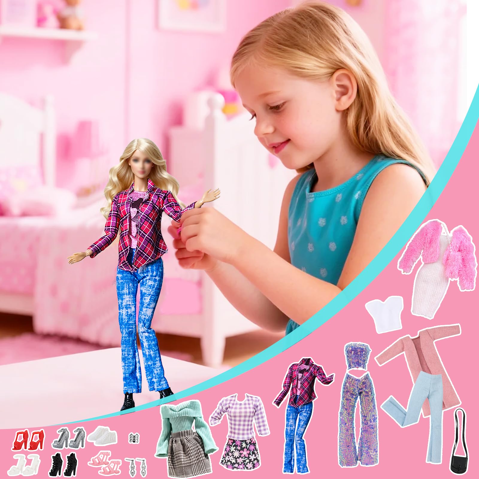 16 pezzi di vestiti e accessori per bambole da 11,5 pollici, cappotto rosa, vestito a motivo pied-de-poule, set casual, selezione casuale di 3 outfit, 6 scarpe, 2 borse, 1 paio di orecchini, 1
