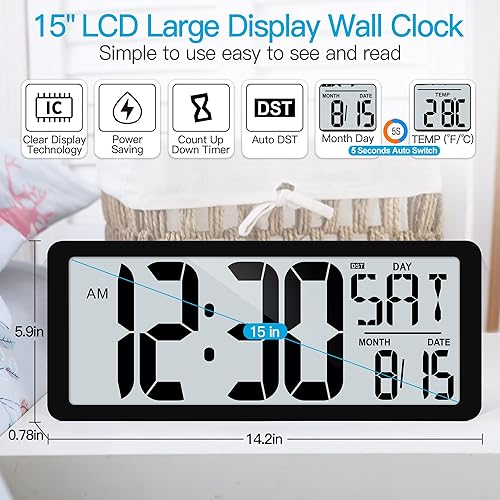 Miniatura 2 de TXL Reloj de pared digital grande de 14.2 pulgadas, funciona con pilas, reloj digital con pantalla grande con día, fecha y temperatura, reloj