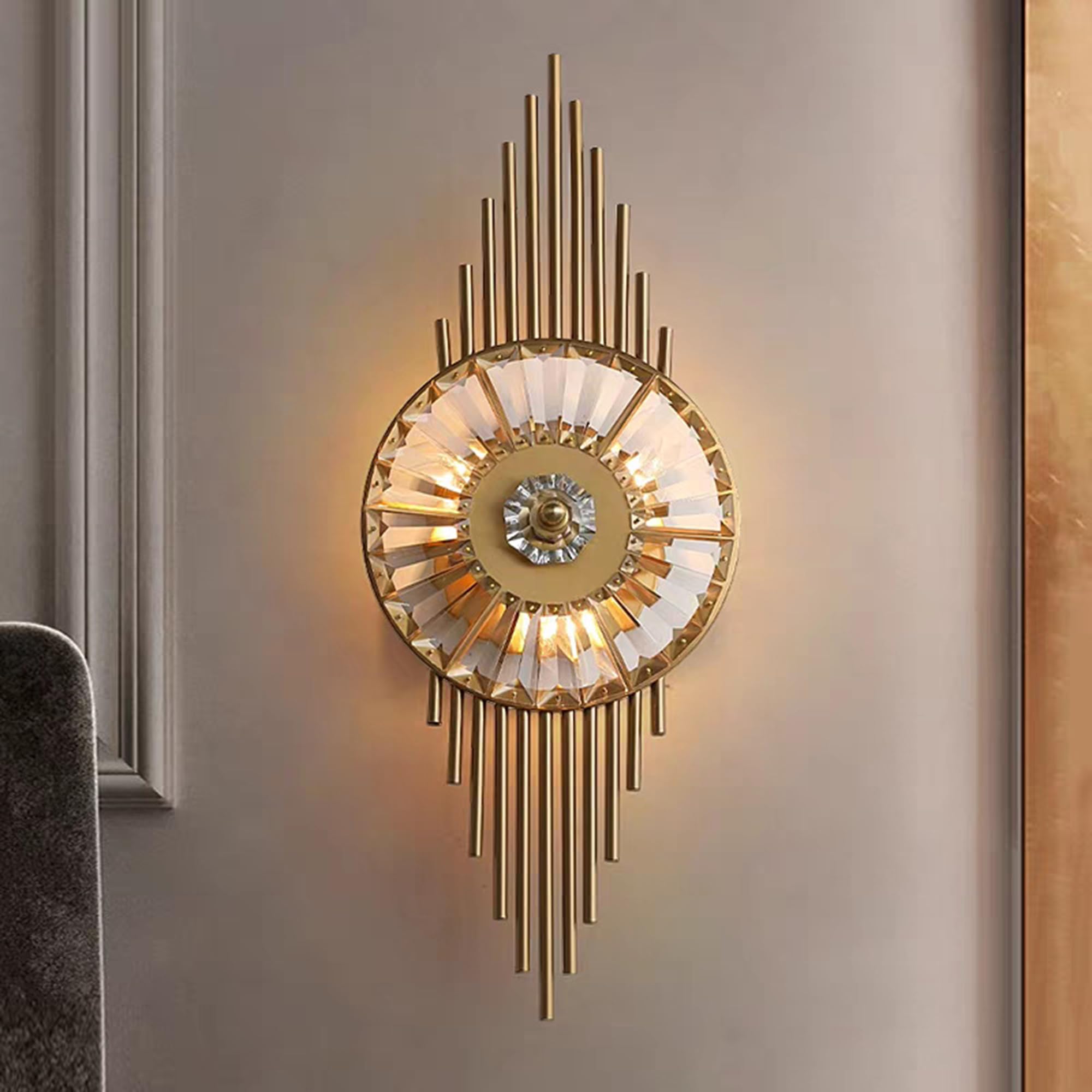 OOWOKS Vintage Wall Light Gold Crystal Wall Lamp Indoor 3 Colour Temperatures (3000K/4500K/6000K) E14 Socket Bedside Lamp - Wall Decorative Lighting Bedroom Lamp Metal Retro Wall Lighting