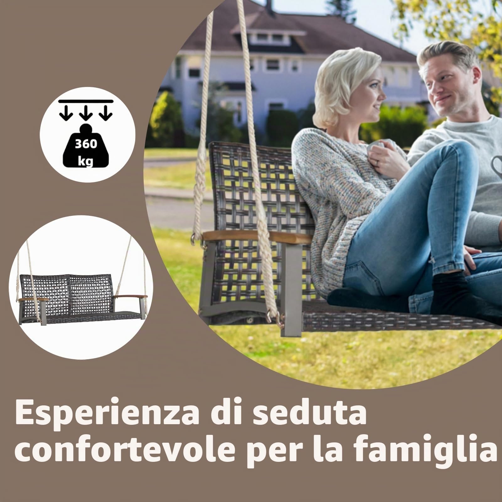 LIFEZEAL Altalena Sospeso con 2 Posti da Giardino, Dondolo Doppia in Rattan PE con Corde da Patio, Altalena per 2 Persone da Esterno con Schienale Curvo e Braccioli in Legno, Capacità di Carico 360 kg