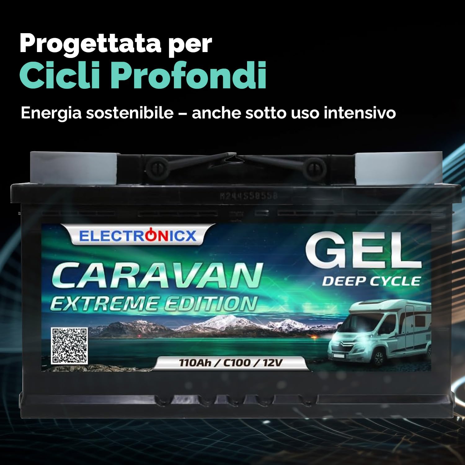Electronicx Batteria di alimentazione GEL Caravan Extreme 12V 110Ah – 315x175x190 mm – Barca, van, camper, roulotte, batteria da campeggio – polo positivo a destra – senza manutenzione