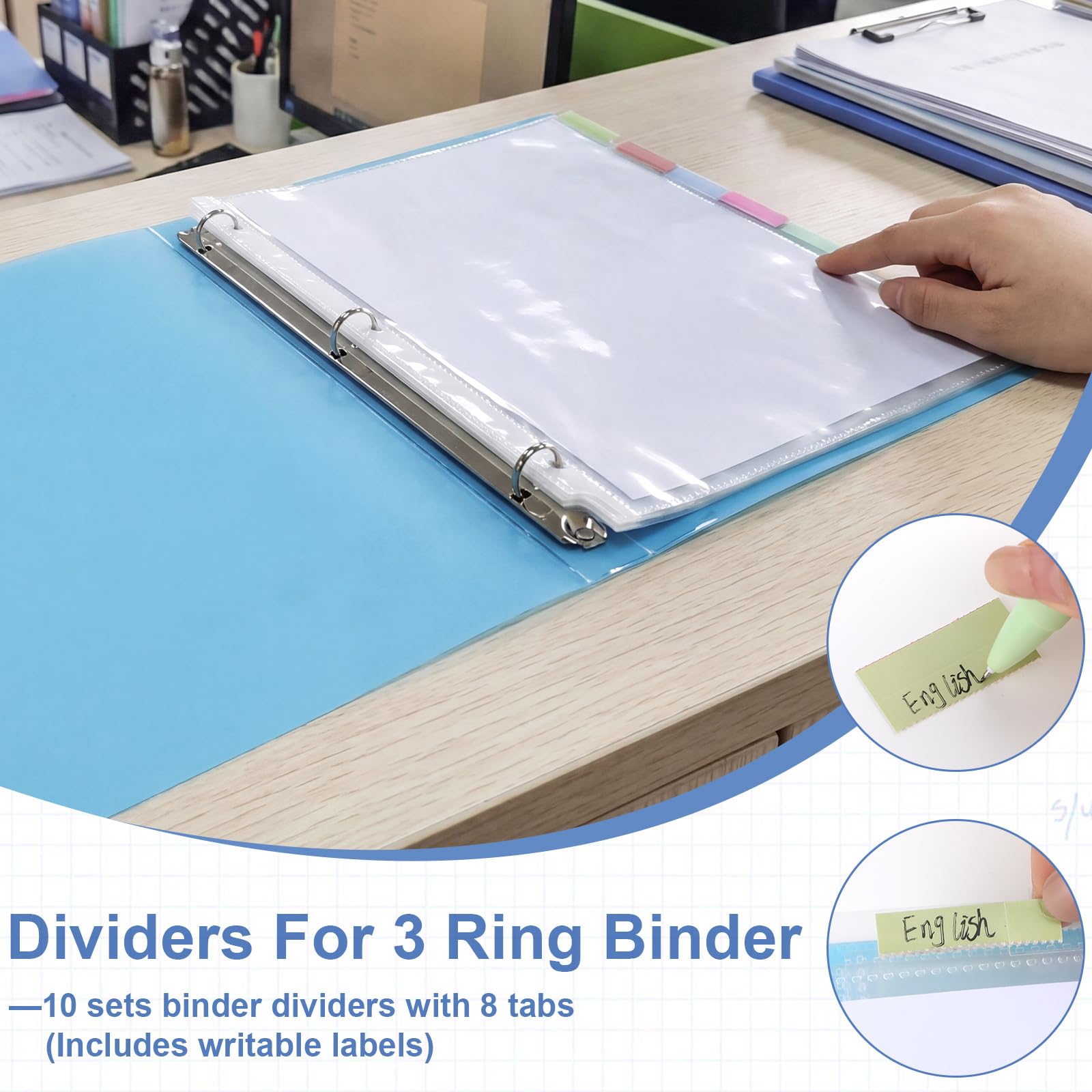 Prudiut Transparente Schutzfolien für 3-Ringordner, 21,6 x 27,9 cm, Kunststoff-Binderhüllen mit 8 Registerkarten und farbigen Index-Etiketten, wasserdichte Seitenschutzfolien für Büro, Schule, 80