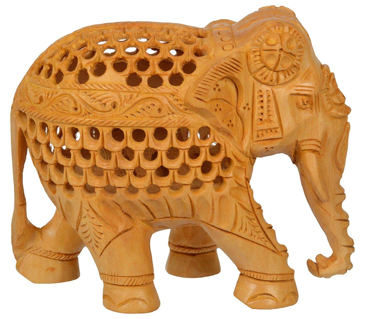 APNOGHAR Wooden Elephant Undercut Trunk Statue (15cm)