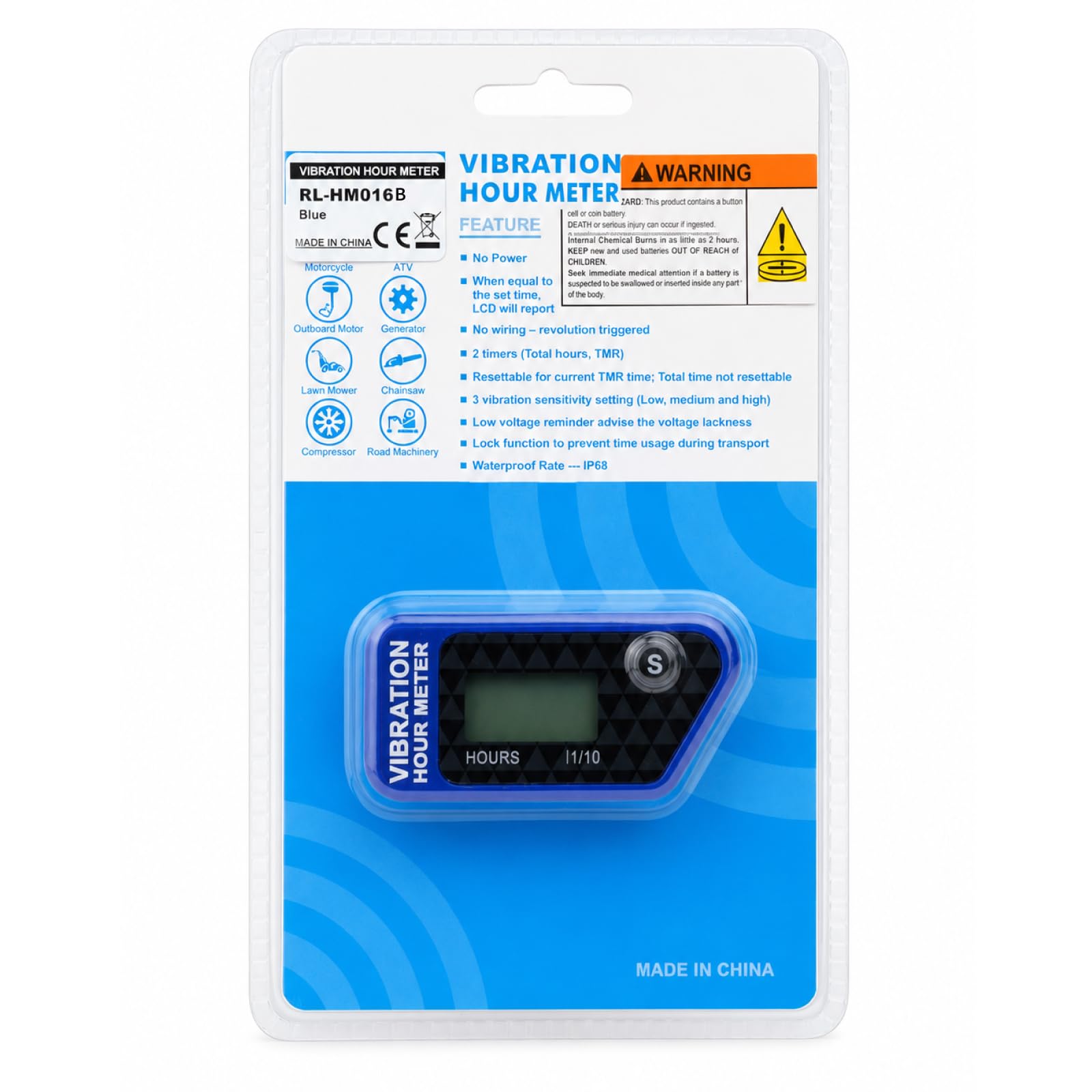 Runleader Compteur d'heures sans fil numérique (016B-BU) | opération de vibration pour chariot de golf,tracteur,générateur,compresseur,tronçonneuse,moto,moto