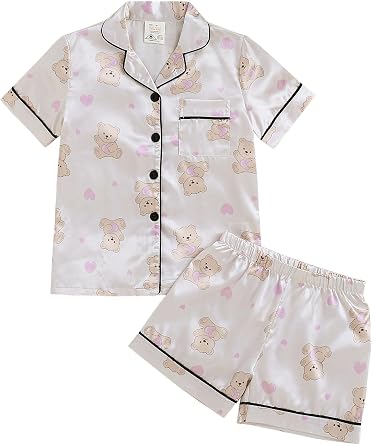 MyFav Girls Pajama Set Short Sleeve Button Down Silky Satin Girls PJS Kids Sleepwear Summer Nightwear Loungewear Set