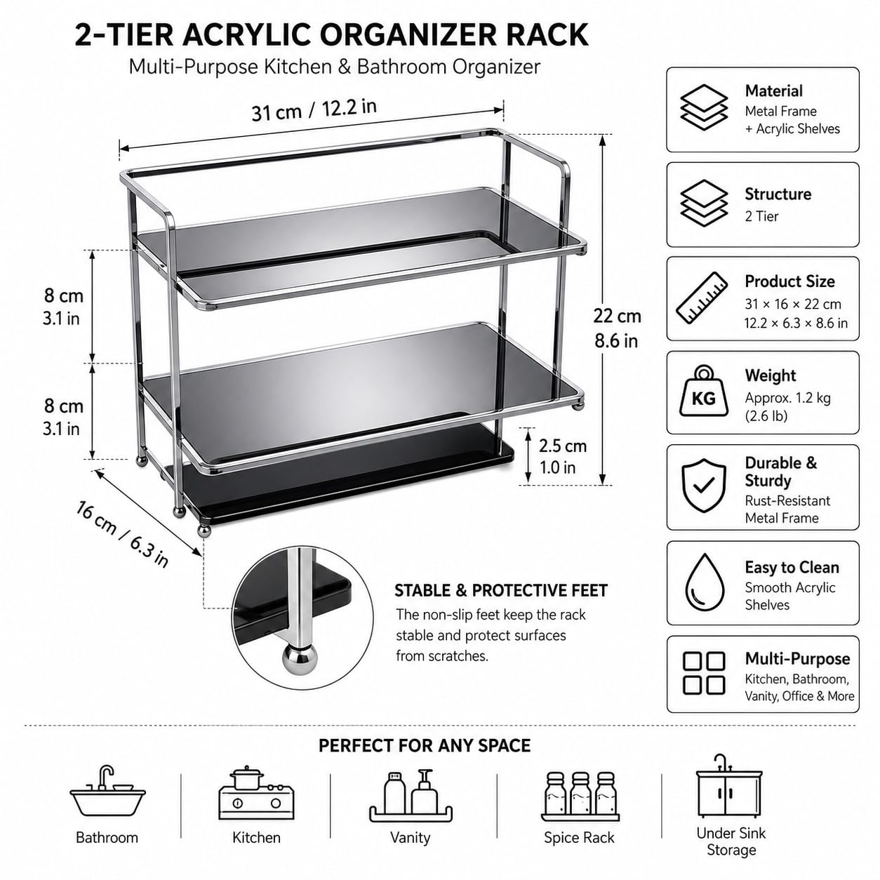 2-stöckiges Regal aus Acryl und Metall, Badezimmer-Arbeitsplatte, Make-up- und Parfüm-Organizer für Küchentheke, Aufbewahrung unter der Spüle (Farbe: Schwarz)