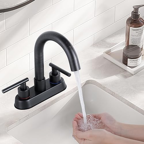 Miniatura 5 de Grifos de baño para fregadero de 3 agujeros, bronce aceitado de 4 pulgadas, grifo de fregadero central para baño con drenaje emergente y 2 mangueras