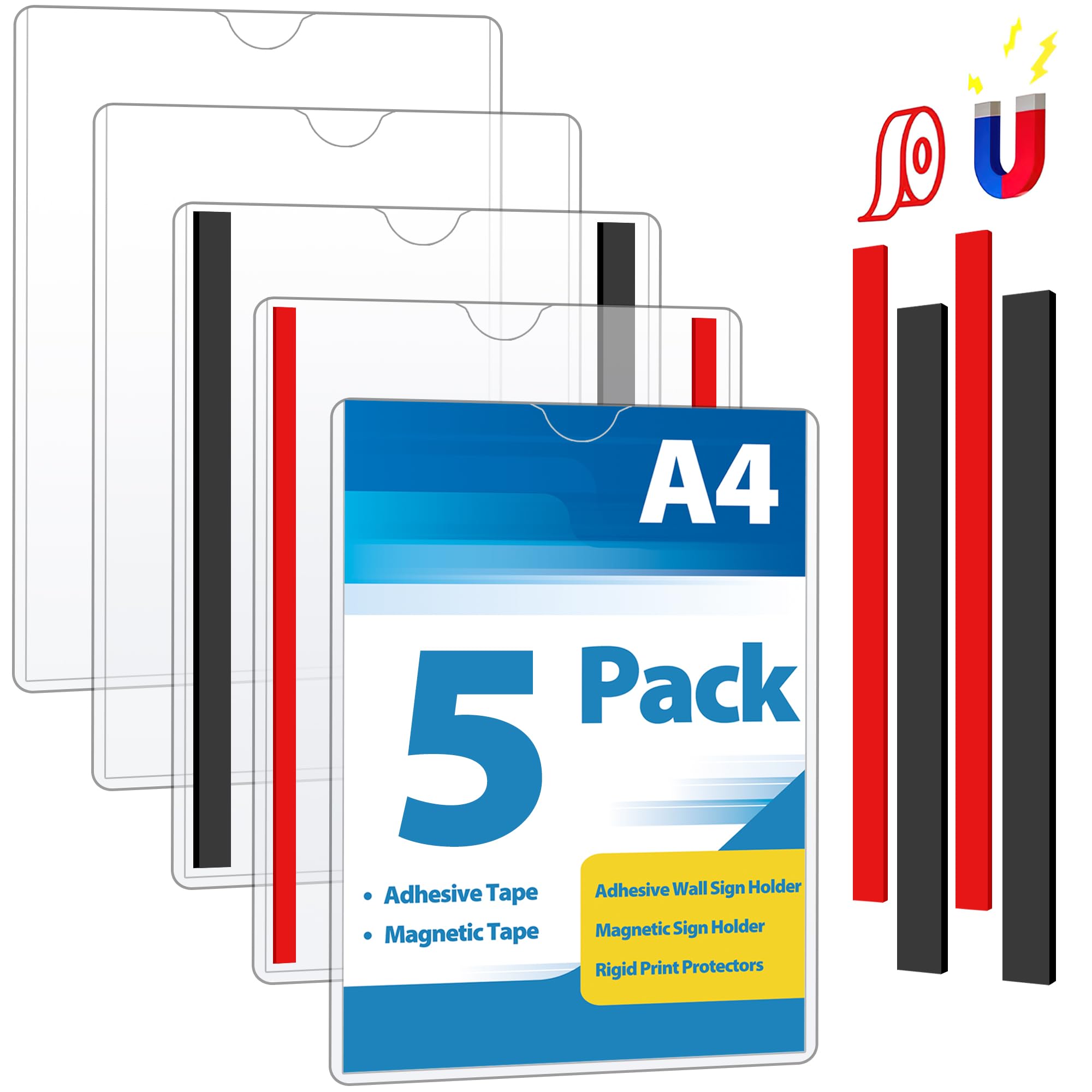 A4 Magnetisch Wandschilderhalter 5 Stück Selbstklebend – Transparenter Acryl Schilderhalter zur Wandmontage, Kein Bohren, für Büro & Geschäft
