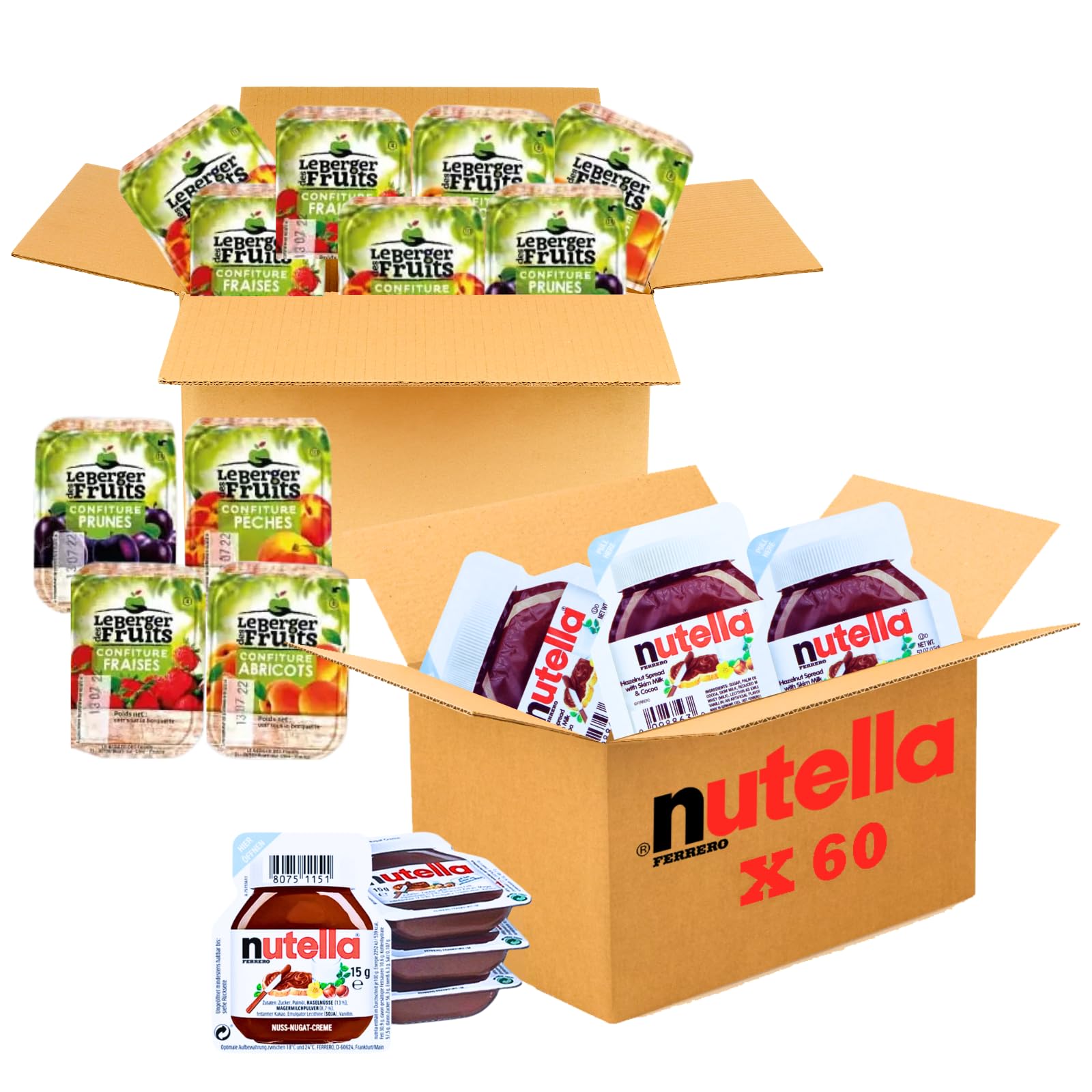 120 Barquettes LE BERGER DES FRUITS/NUT | Assortiment de Portions Individuelles de Pâte à Tartiner et Confitures Pêche, Fraise, Prune, Abricot pour un plaisir, idéal pour la restauration et les Airbnb