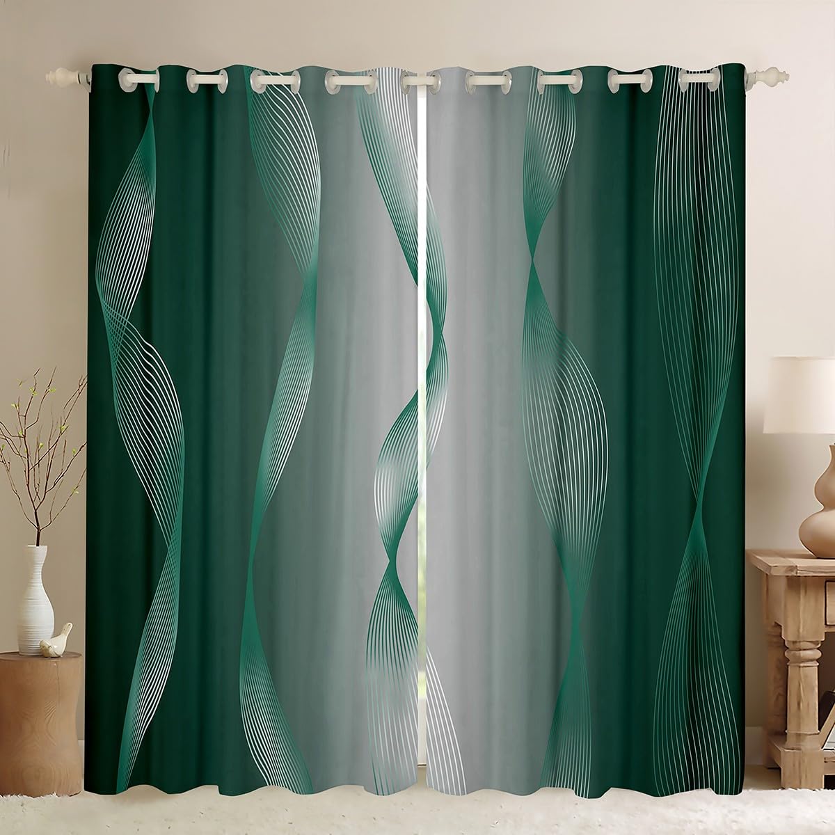 Homewish Gradient Green and Greyish White Blackout Curtains Ombre 2 Panels 66" Wx72 L Curtains & Drapes,Trippy Spiral Silver Wave Line Curtains,Abstract Art Room Decor Aesthetic - Image 2