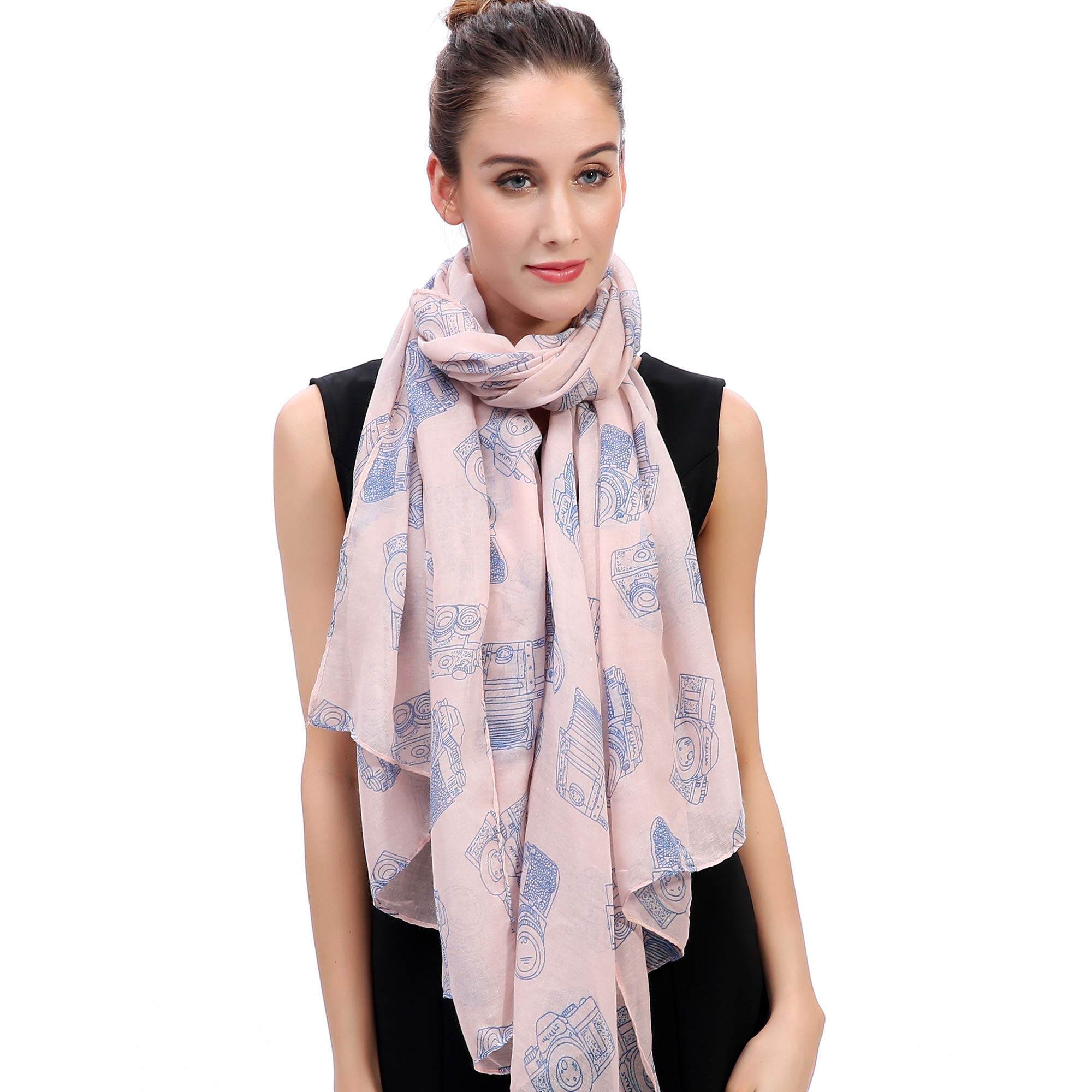 Lina & Lily Vintage Camera Print Women's Scarf Shawl Wrap Lightweight (Light Pink)