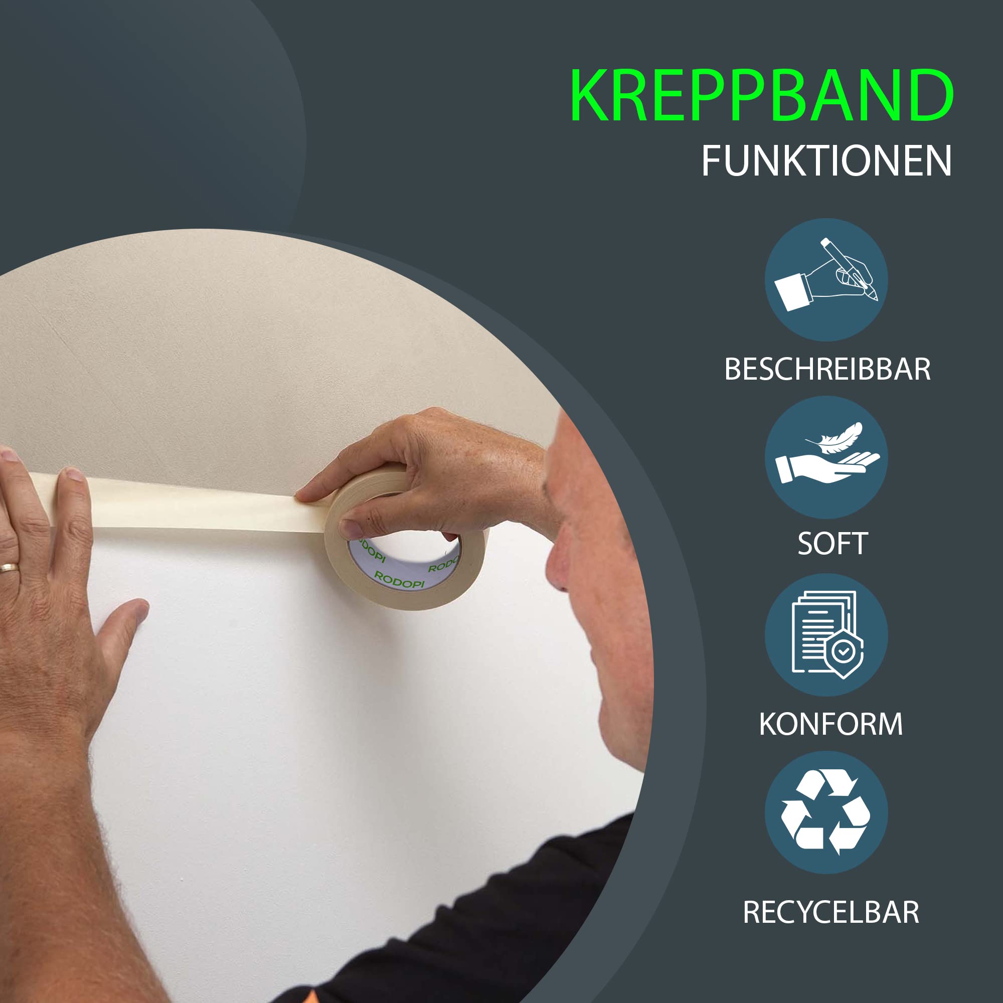 RODOPI Kreppband SplashGuard 19mm 25mm 36mm 50mm 100mm Malerkrepp 50m Rolle Abklebeband leicht abtrennbar Malerband Beige Abdeckband für Maler Kreppbänder (50mm, 36 Rollen)
