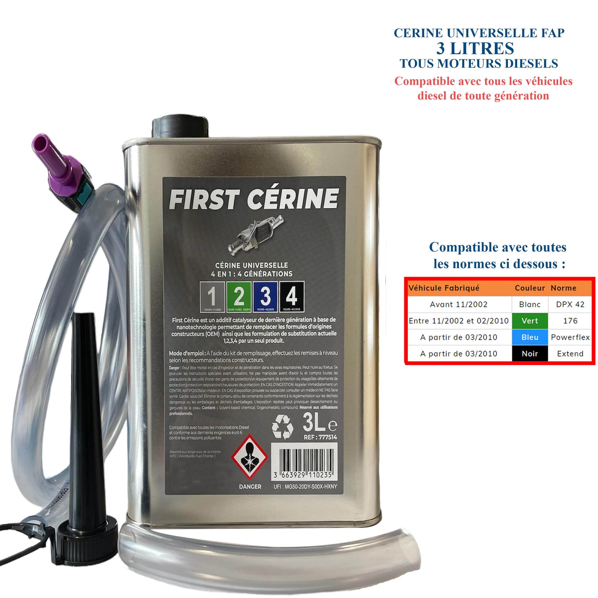 Additif Cérine Universelle 3 Litres pour FAP DPF Filtre à Particules compatible avec Tous Véhicules Diesel