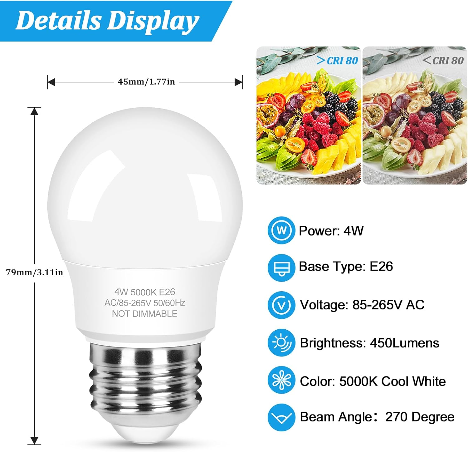 Brightever 6-Pack A15 Refrigerator Light Bulb 40W Equivalent, 120V Fridge Waterproof LED Bulbs 4W Daylight White 5000K, E26 Base Freezer Home Lighting, Non-dimmable