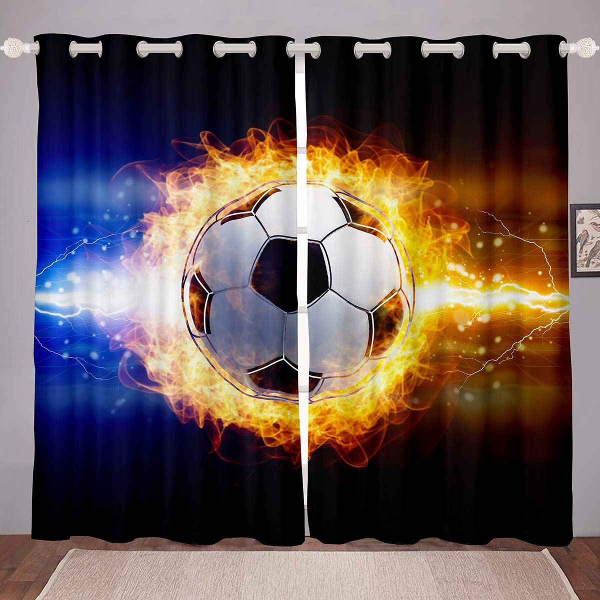 Loussiesd Boys Colour27 Sports Football Window Curtains For Bedroom For Kids Teens 3D Fire Football Blackout Curtains Soccer Ball Pattern Curtains Competitive Games Darkening Shade Drapes 2 Panel Set W66*L72