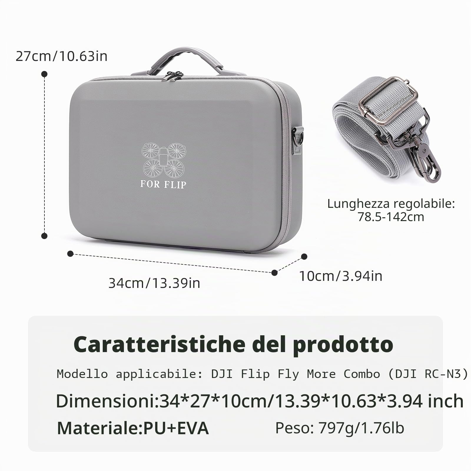 Custodia per DJI Flip, custodia portatile in PU impermeabile, con tracolla, per drone DJI FLIP e accessori per batteria (per controller RC-N3), grigio