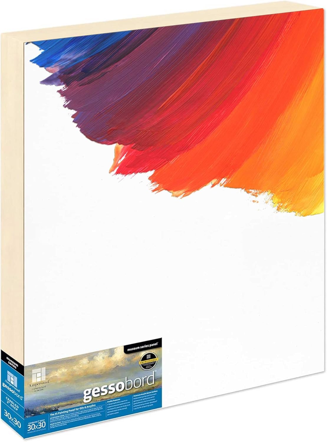 Ampersand Art Supply Museum Series Gessobord | 30x30 | 2" Cradled Profile | Gesso Wood Painting Panel for Oil and Acrylic Paint & Mixed Media | Canvas Panel Alternative in Professional Art Supplies 2 Inch Cradle 30" x 30"