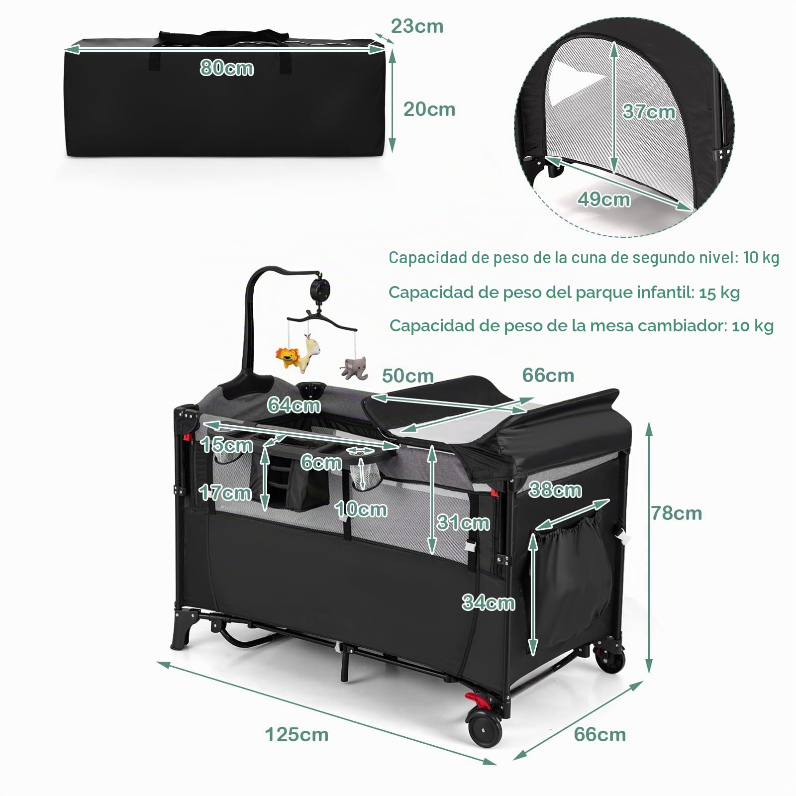 LIFEZEAL Cuna Cama para Bebé con Colchón, Cama Plegable para Bebé con Cambiador y Juguetes, Cuna de Viaje de Tejido Oxford con 2 Niveles, Altura Ajustable (Negro.)