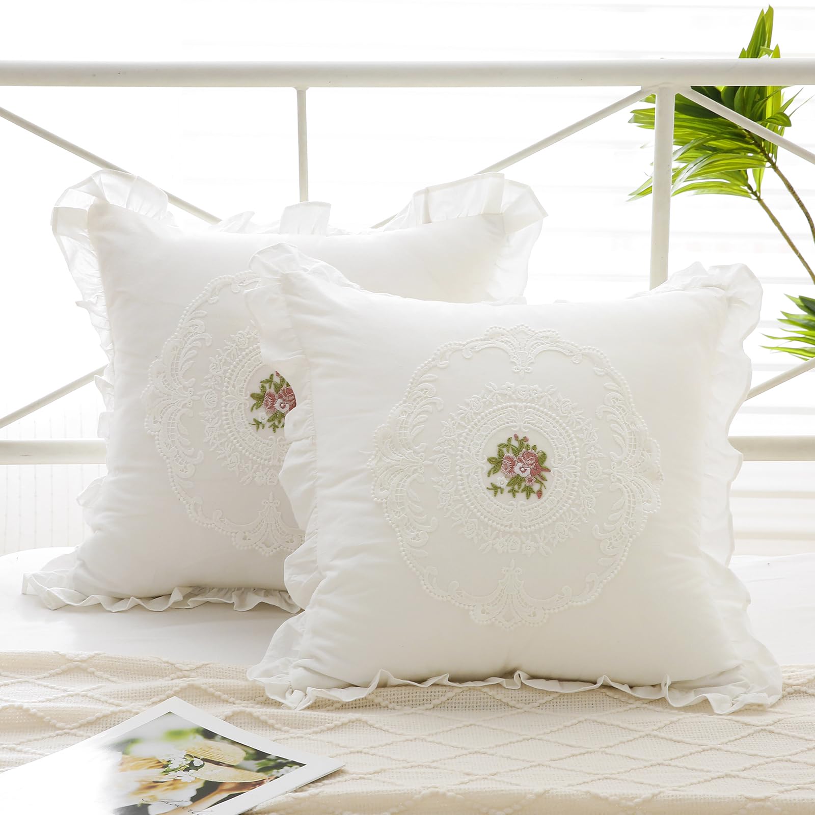 Aryeleay Floral Embroidered Throw Pillow Covers Ruffle Pillow case 18x18 inches, Washed Cotton Classic Farmhouse Chic Pillowcases for Bed Sofa, Soft and Comfortable (2 Pack) — image 1