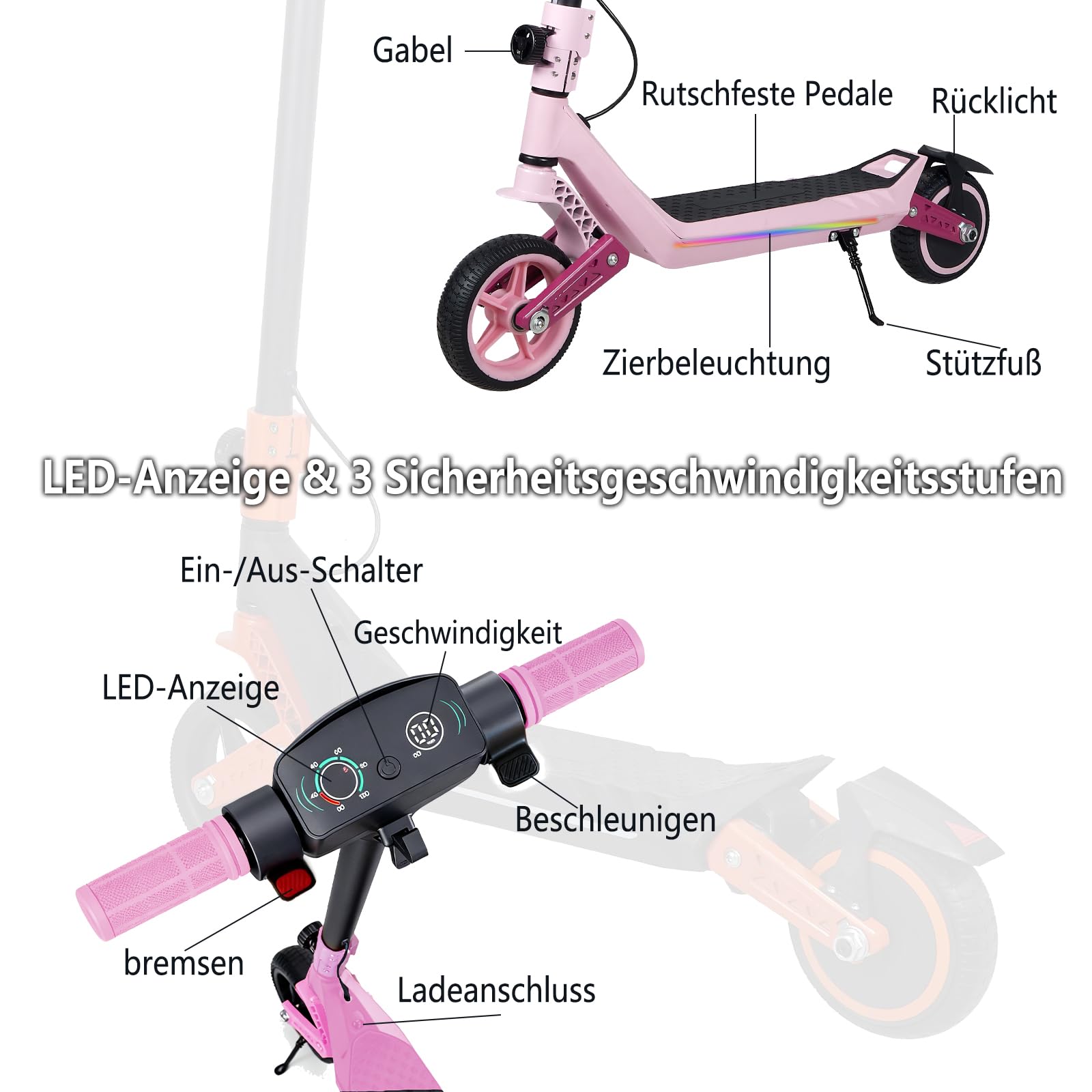 Monopattino elettrico per bambini da 6 a 14 anni, 16,5 cm, pieghevole, 3 display a LED alti regolabili, leggero, con luci, portata massima 15/7/6 km, 2/3 modalità (8-16 km/h)
