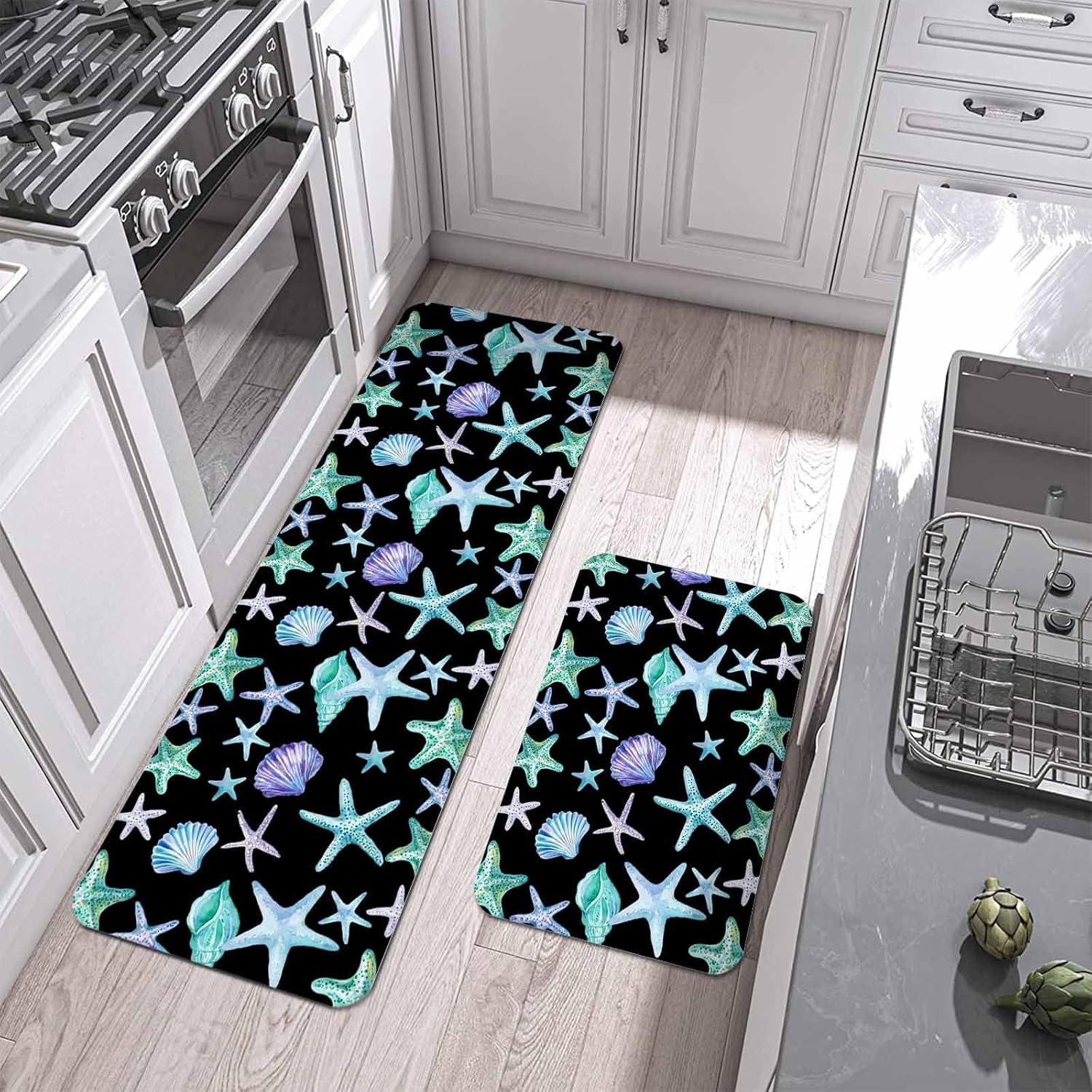 Ocean Starfish Shell Kitchen Mat Set 2 Pieces Summer Sea Watercolor Green Purple Marine Life Black Non Slip Kitchen Rugs Washable Runner Rug Mats for Sink Laundry (15.7" x 23.6"+15.7" x 47.2")