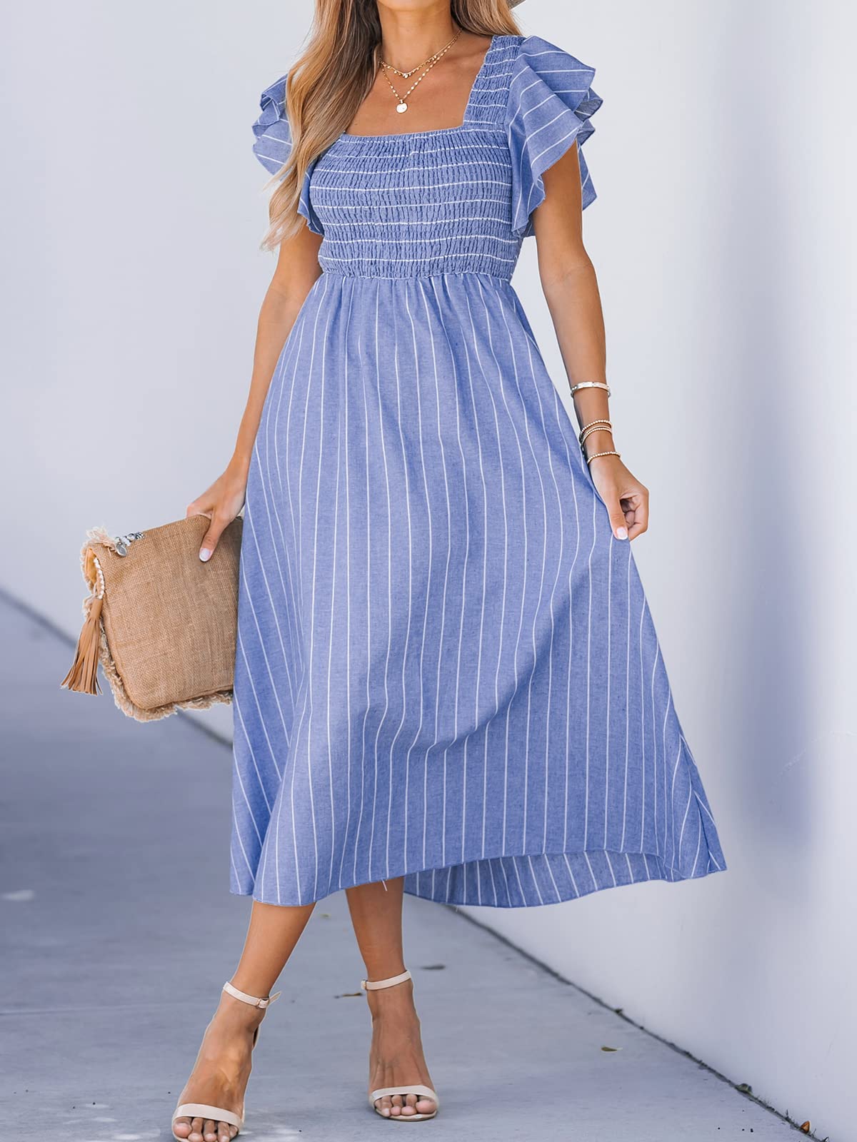 CUPSHE Abito estivo da donna con scollo quadrato a righe e punto smock, con maniche ad aletta, maxi abito formale