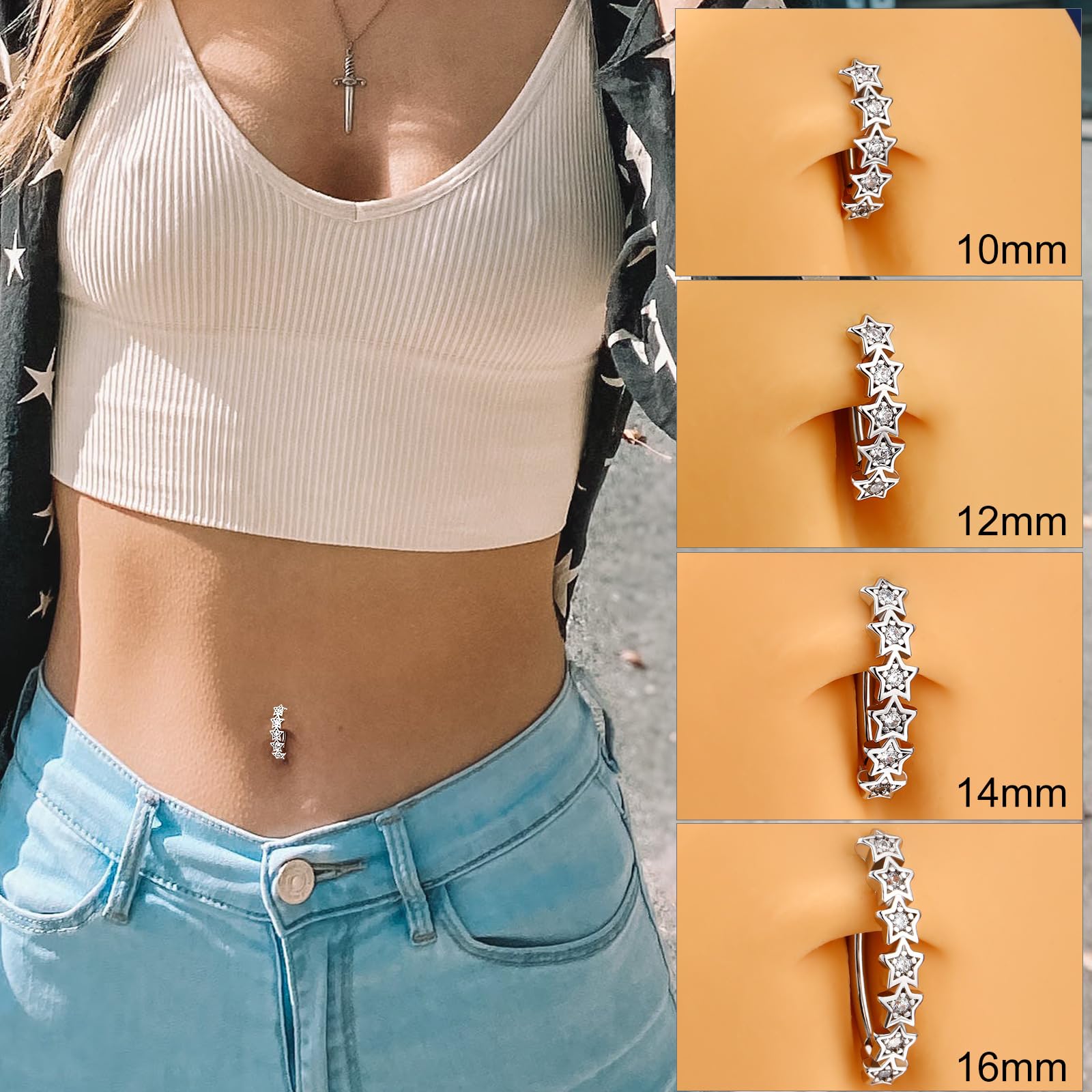 Melighting Piercing per ombelico a forma di stella, in acciaio inox, con zirconia cubica