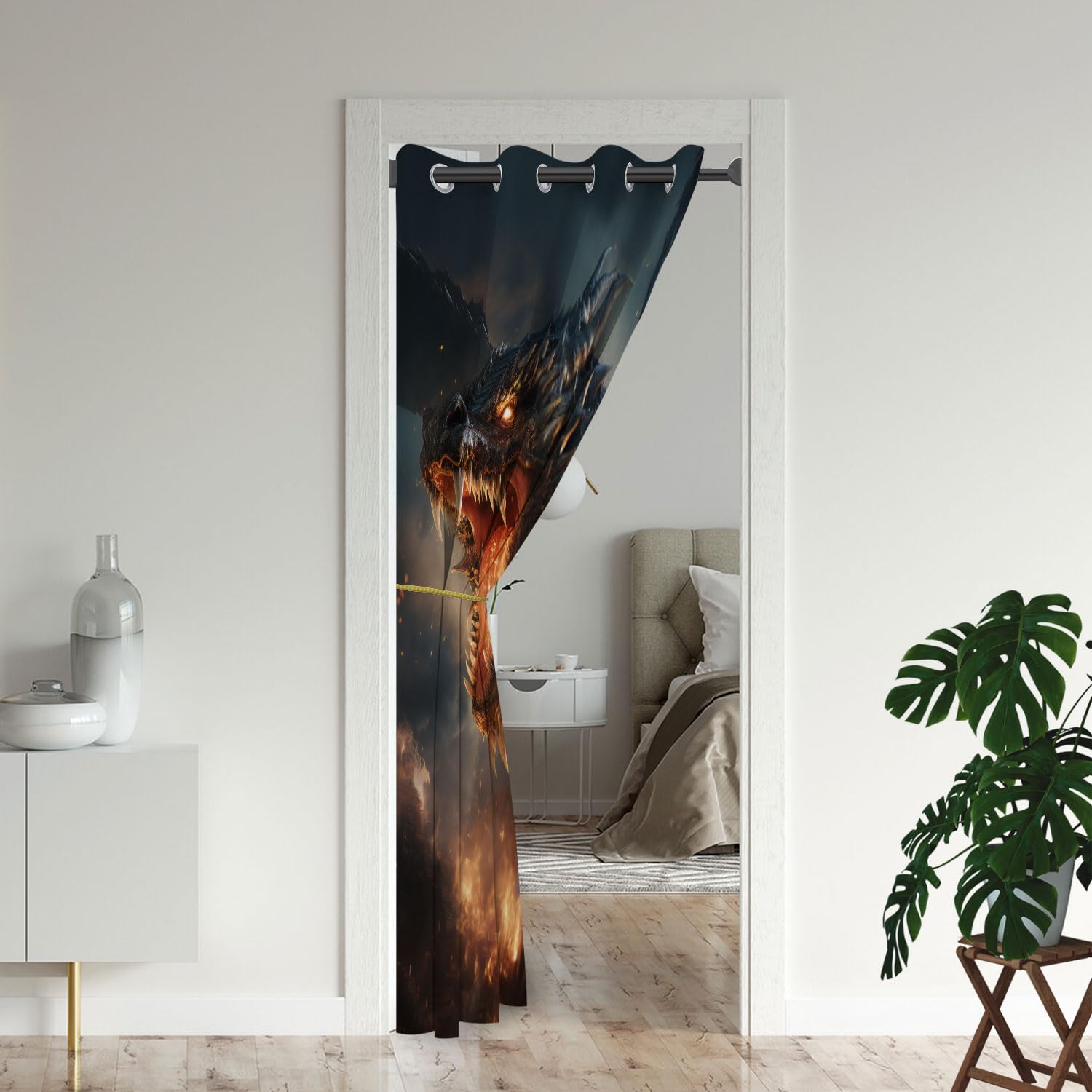 Magic Dragon Door Curtains for Doorways, Mythical Fantasy Animals Fire Dragon Blackout Curtain for Kids Bedroom Closet, Grommet Thermal Insulated Privacy Door Drapes for Room Divider, 34