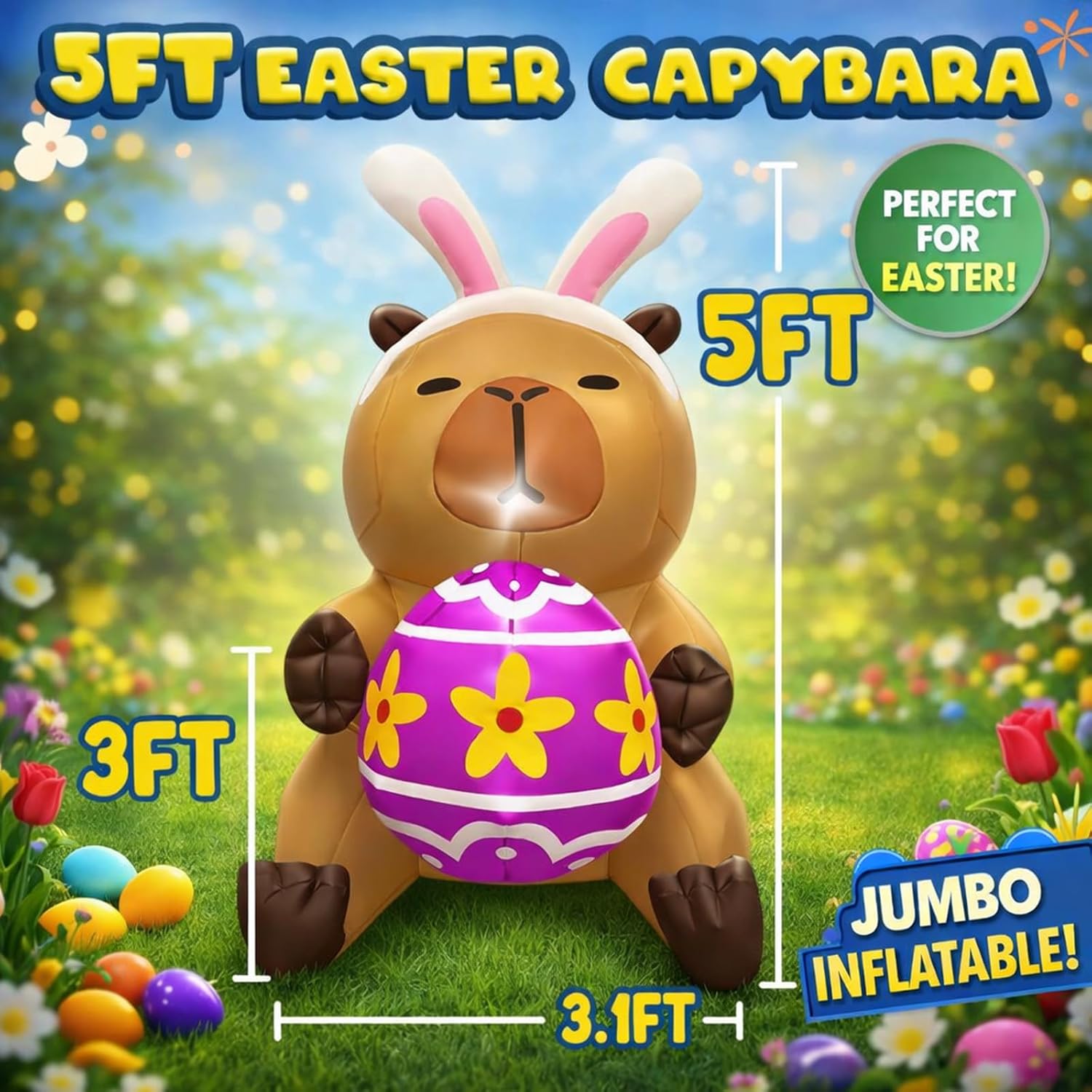 5FT Easter Inflatable Capybara with Egg Decorations, Built-in LED Lighted Blow Up Decoration for Home, Yard, Outdoor, Indoor, Garden, Lawn Decor