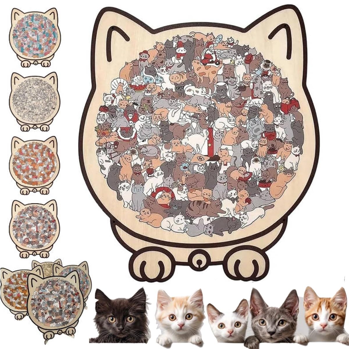 Amazon | 135ピースのモランディカラーの猫型木製ジグソーパズル