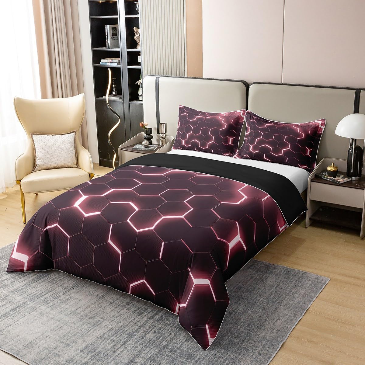 Parure De Lit Nid D'Abeille 220x240cm Rouge Noir - Housse De Couette Hexagonale Géométrique