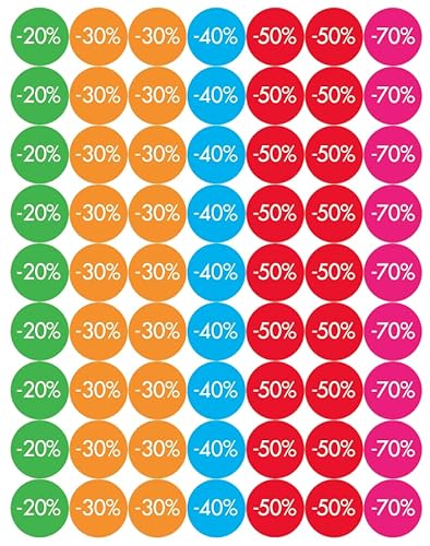 Affichesstore 30250 - Lot de 315 Stickers - 5 Feuilles de 63 Etiquettes Adhésives Rondes 25mm - 20% 30% 40% 50% 70% Cover