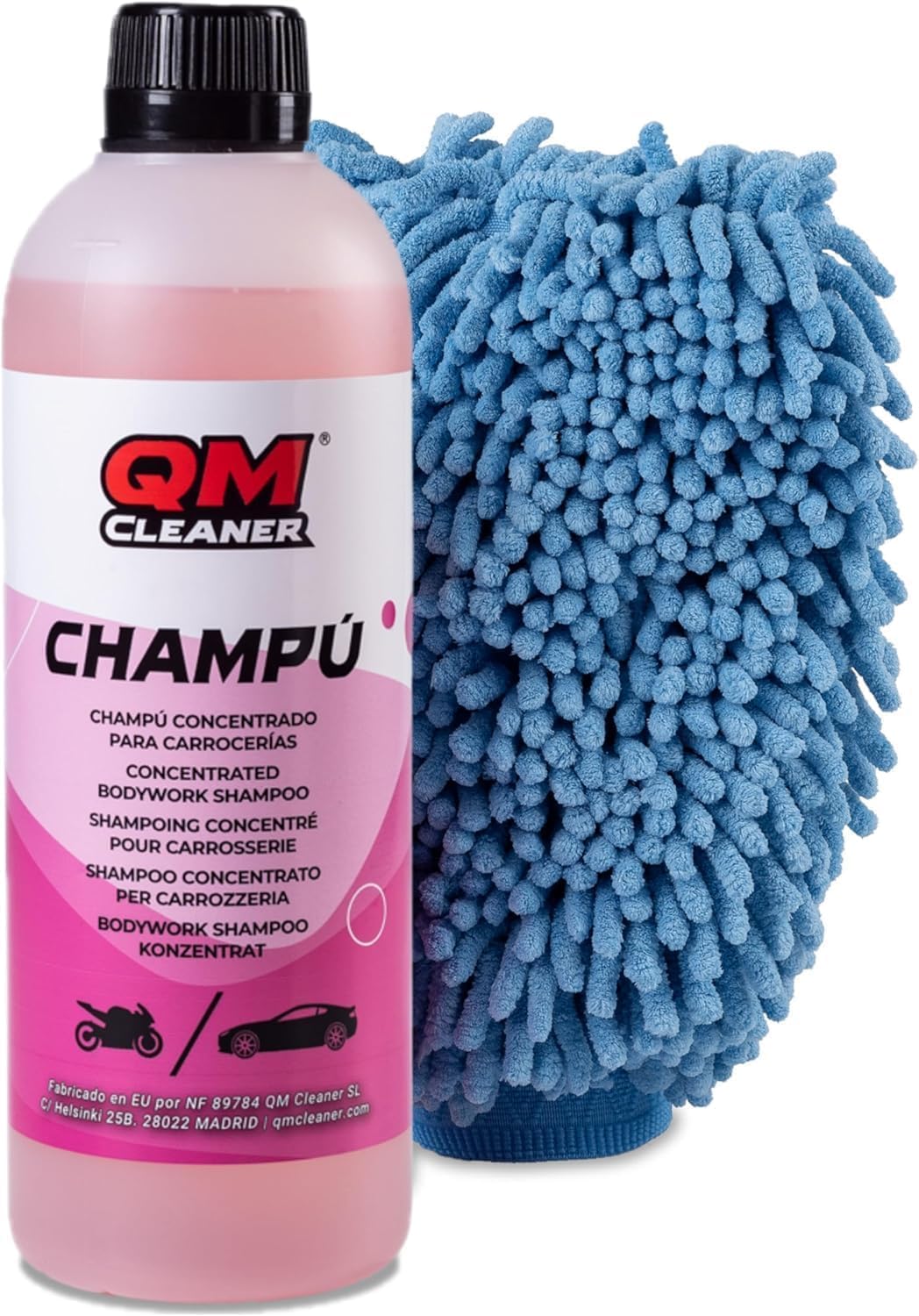 QM Cleaner Champú Espumante para Carrocería | Concentrado, para más de 20 lavados, con Acabado Brillante - Incluye 500 ml + Manopla Extra