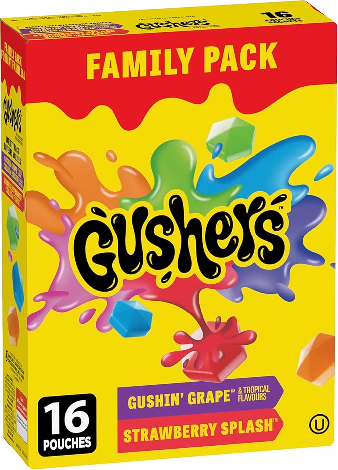 BETTY CROCKER GUSHERS - FAMILY PACK SIZE - Gushin Grape and Tropical Flavours, Strawberry Splash Fruit Flavoured Snacks, Pack of 16 Pouches, 368 Grams Package of Fruit Flavoured Snacks, Variety Flavours Pack view 1