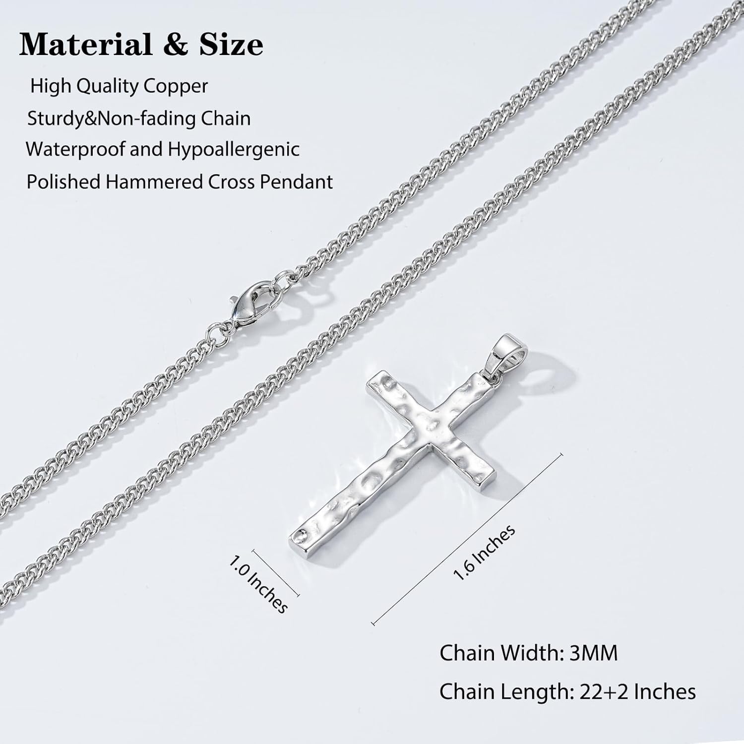 Cross Necklace for Men Boys - Hammered Cross Pendant with Cuban Chain Unique Crucifix Necklaces Christmas Christian Religious Jewelry Gifts 22+2 Inches - Image 5