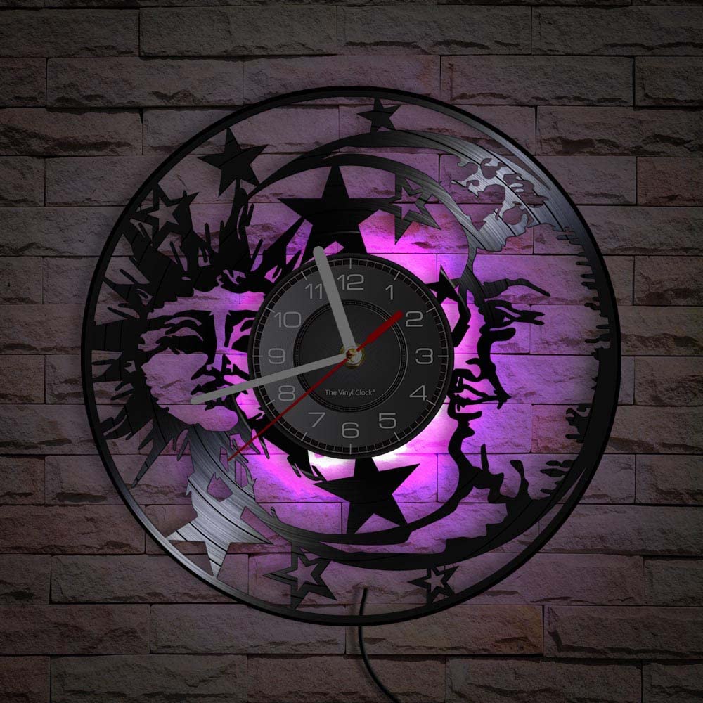 Timethink 12 Inch Sun and Moon Wall Clock 7 Kinds of LED Color, Vintage Decorative Analog Black Vinyl Record Wall Clock Silent Quartz Non Ticking for Bedroom Living Room Office Decor