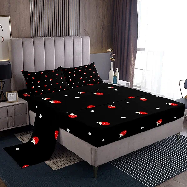 Feelyou Strawberry Bed Sheet Set for Kids Girls Kawaii Strawberry Print Sheets Bedding for Women Adults Black 1 Flat Sheet & 1 Fitted Sheet & 2 Pillowcases Queen Size…