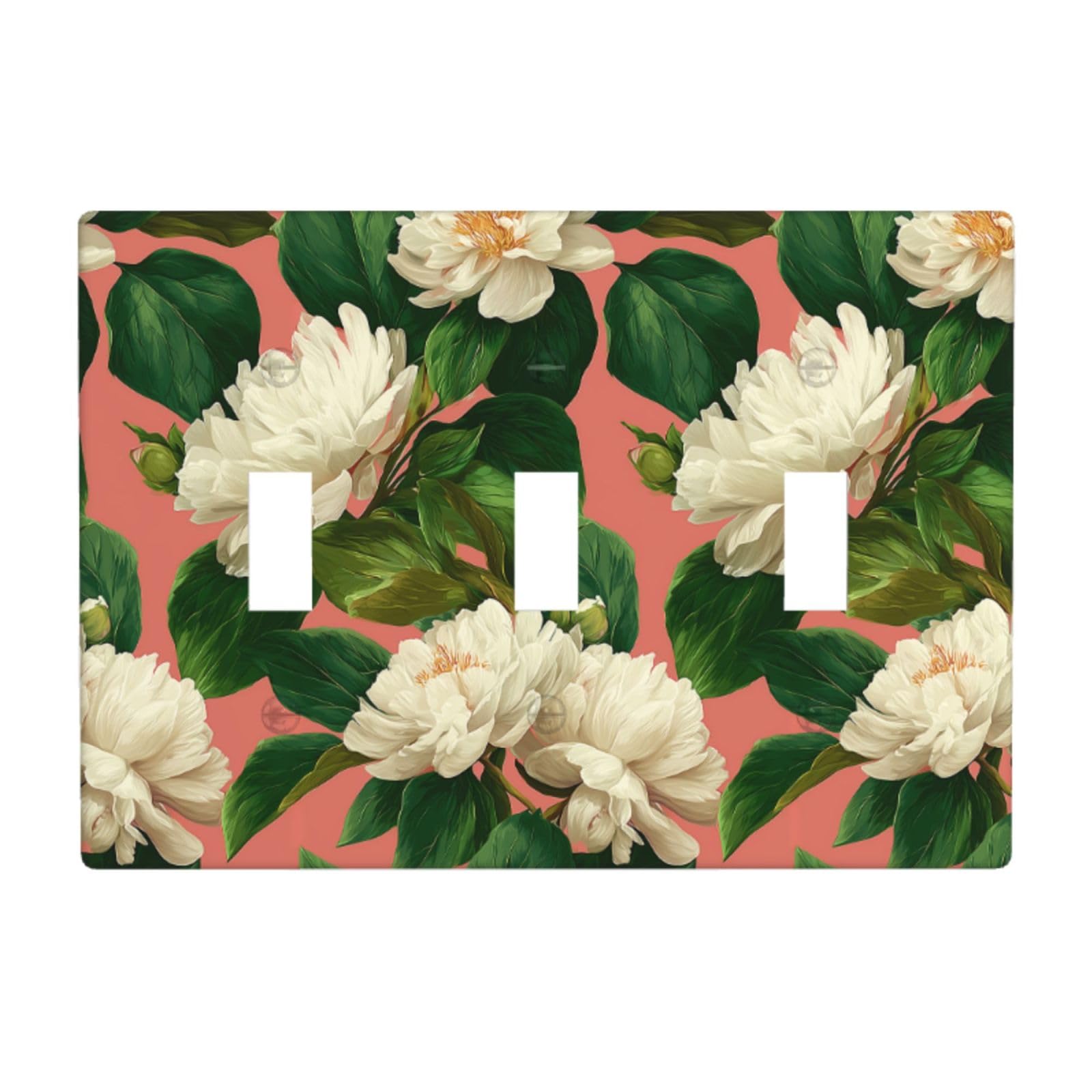Woshuwo White Whimsical Botanical Peonies On Pink Light Switch Covers 3 Gang Triple Toggle Wall Plate Switchplate Electrical Faceplate For Bathroom Kitchen Bedroom Decor