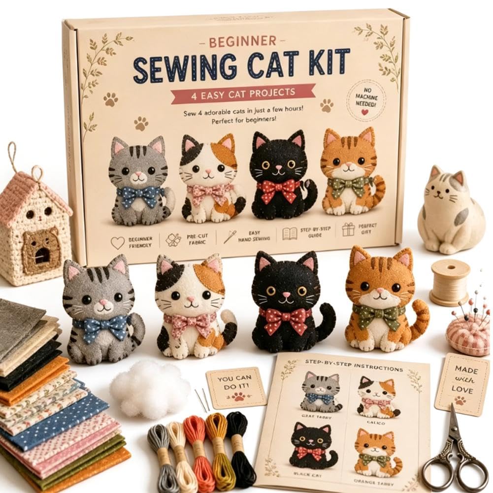 DIY Fabric Cats Craft Kit – Creative Handmade Art, Stitch Your Own Whimsical World Patchwork Sewing Set 3D Cute Animal for Making Ornament Adults Beginners, Gift Holidays Keychain