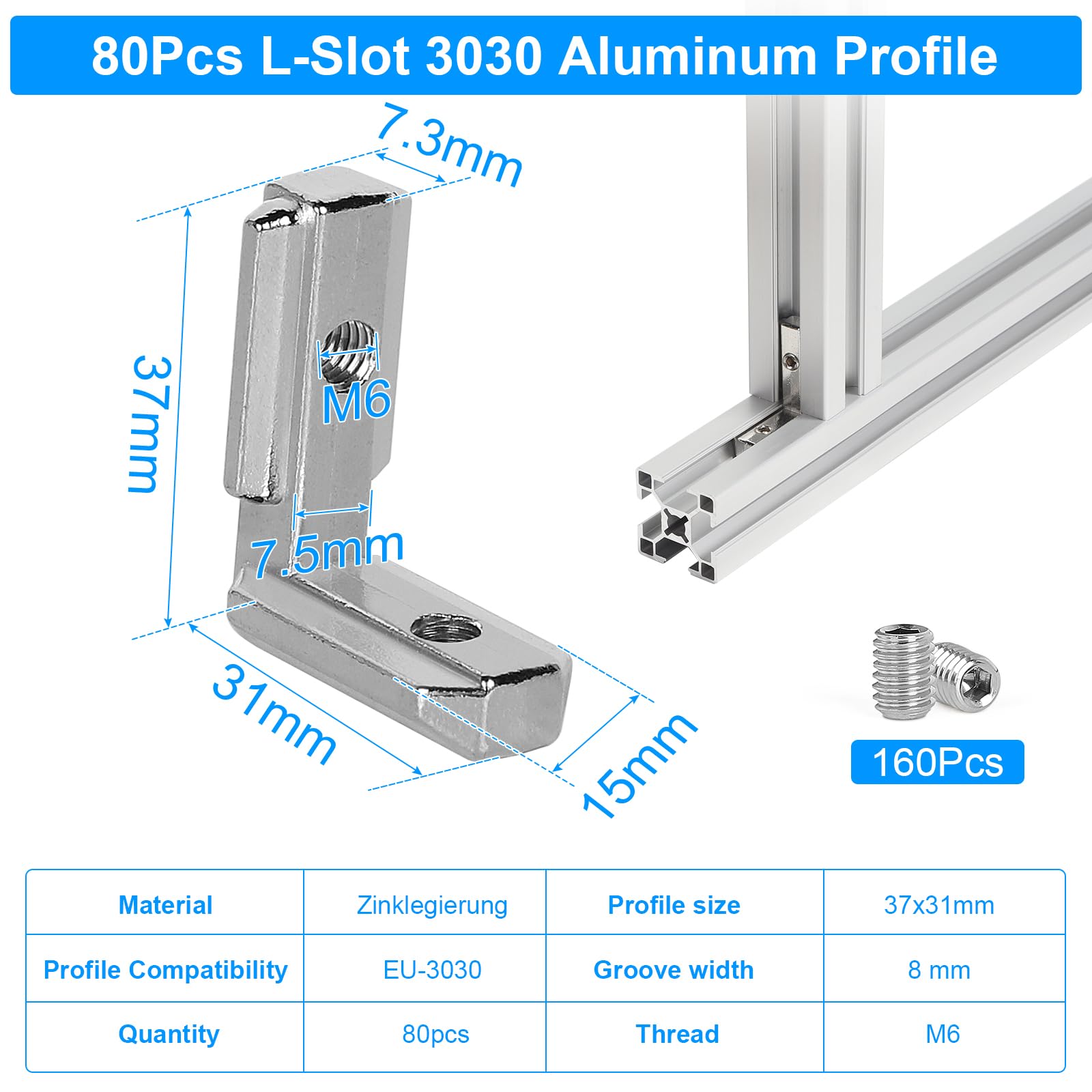 80 Stück Innenwinkel Winkelverbinder Aluprofil 3030 Nut8 M6 T-Nut 90° L-Form Profil Aluminium Winkel T-Slot Eckverbinder für 30er-Serie Europäischer Standard-Aluminium-Profil mit 160 Schrauben