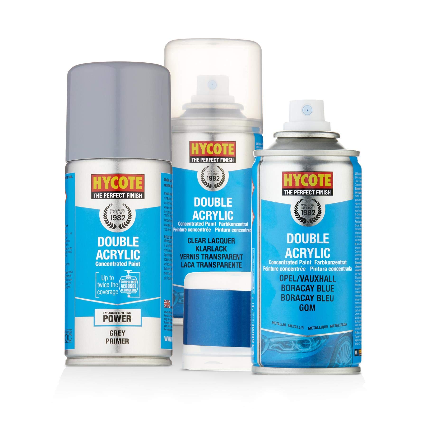 Hycote Spray Paint Vauxhall Opel Boracay Blue 150ml + Grey Primer & Lacquer Kit