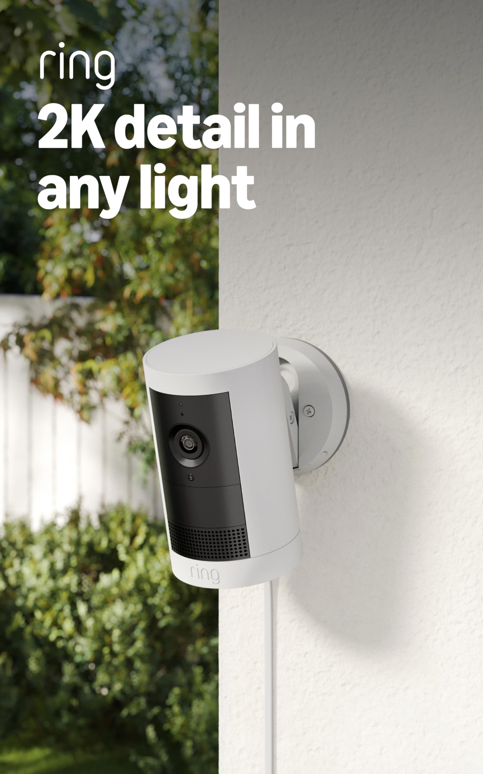 Ring Outdoor Cam Plus, Plug-In (newest model), Home or business security, Wide-Angle 2K Video with Ring Vision, Low-Light Sight for full-color night vision, Mount-Anywhere Versatility, White White 1 Camera Plug-in