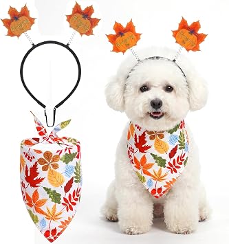 Dog Thanksgiving Outfit - Maple Headband with Bandana Costume Set for Fall