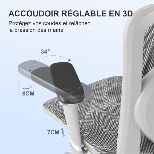 SIHOO Chaise de Bureau, Siege de Bureau Ergonomique, Fauteuil à Dossier Haut Respirant avec accoudoir de Chaise réglable 3D en Maille respectueuse de la Peau et Support Lombaire - 5